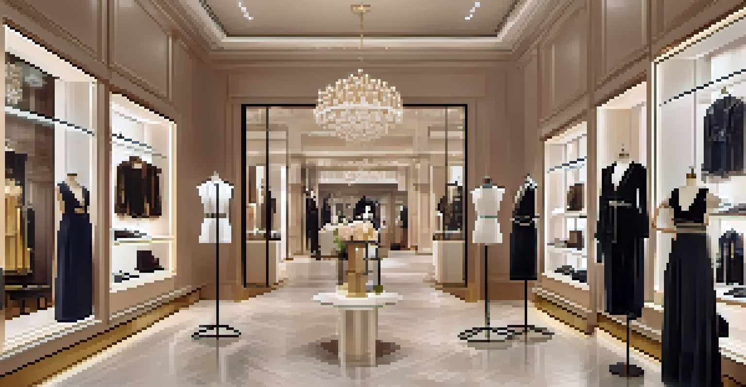 A high-end fashion boutique where a stylist helps a customer choose customized outfits, surrounded by stylish displays and soft lighting.