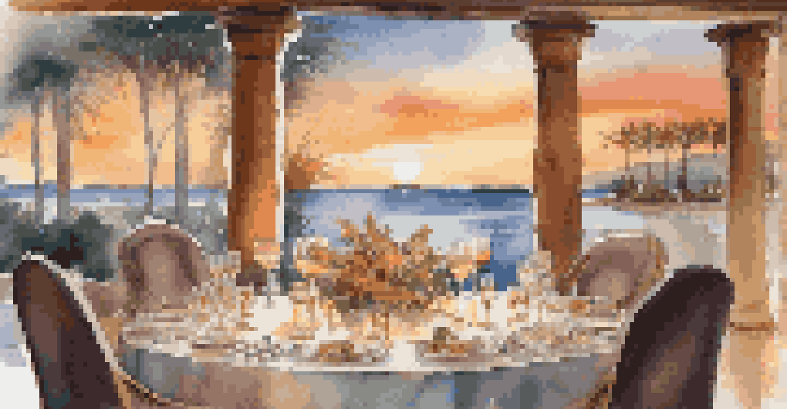 A luxurious dining experience with local crafts and gourmet food, set against a sunset over the ocean.