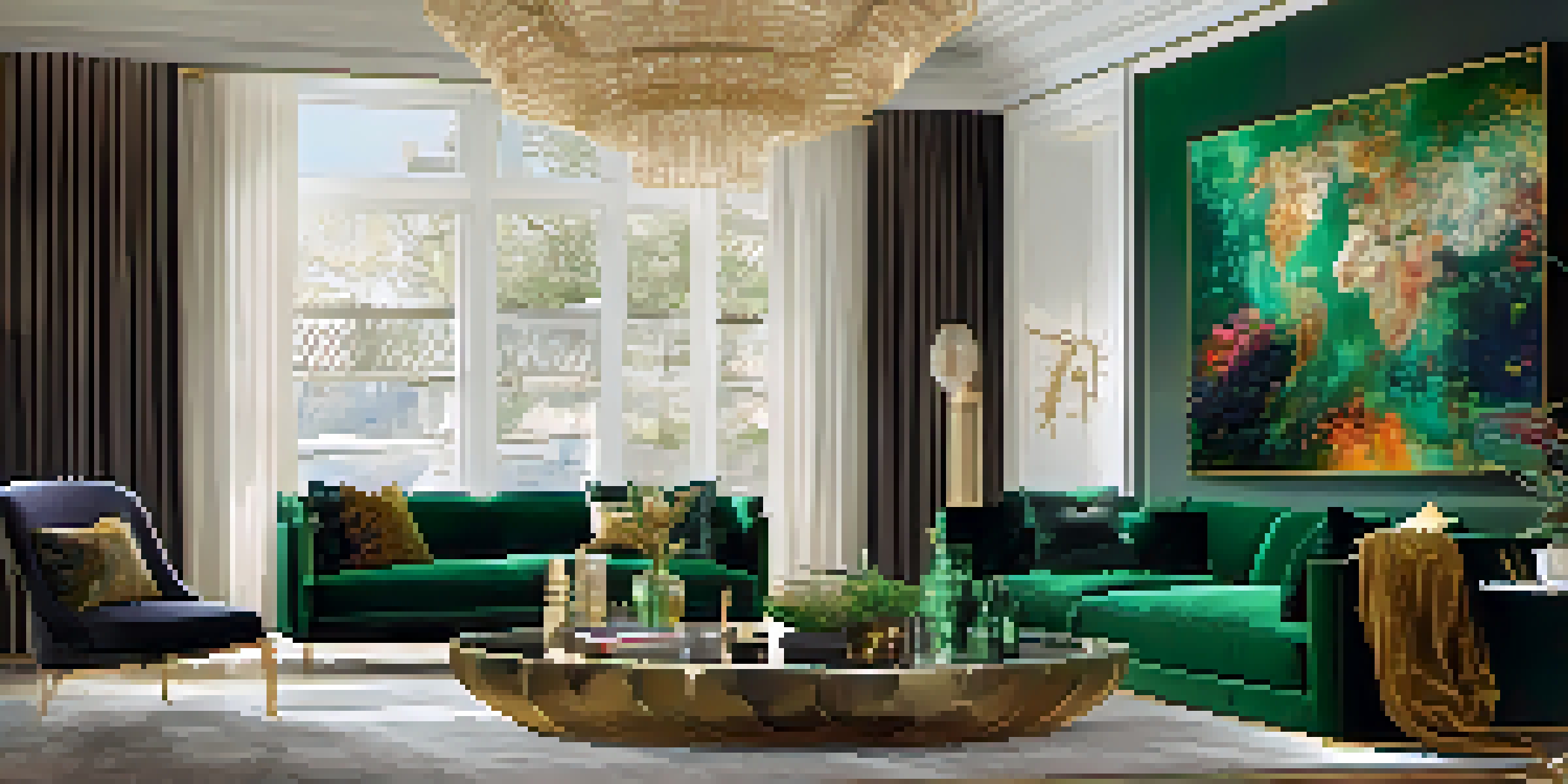 A luxurious living room with an emerald green velvet sofa, gold accents, and an abstract painting in vibrant colors, illuminated by warm ambient lighting.