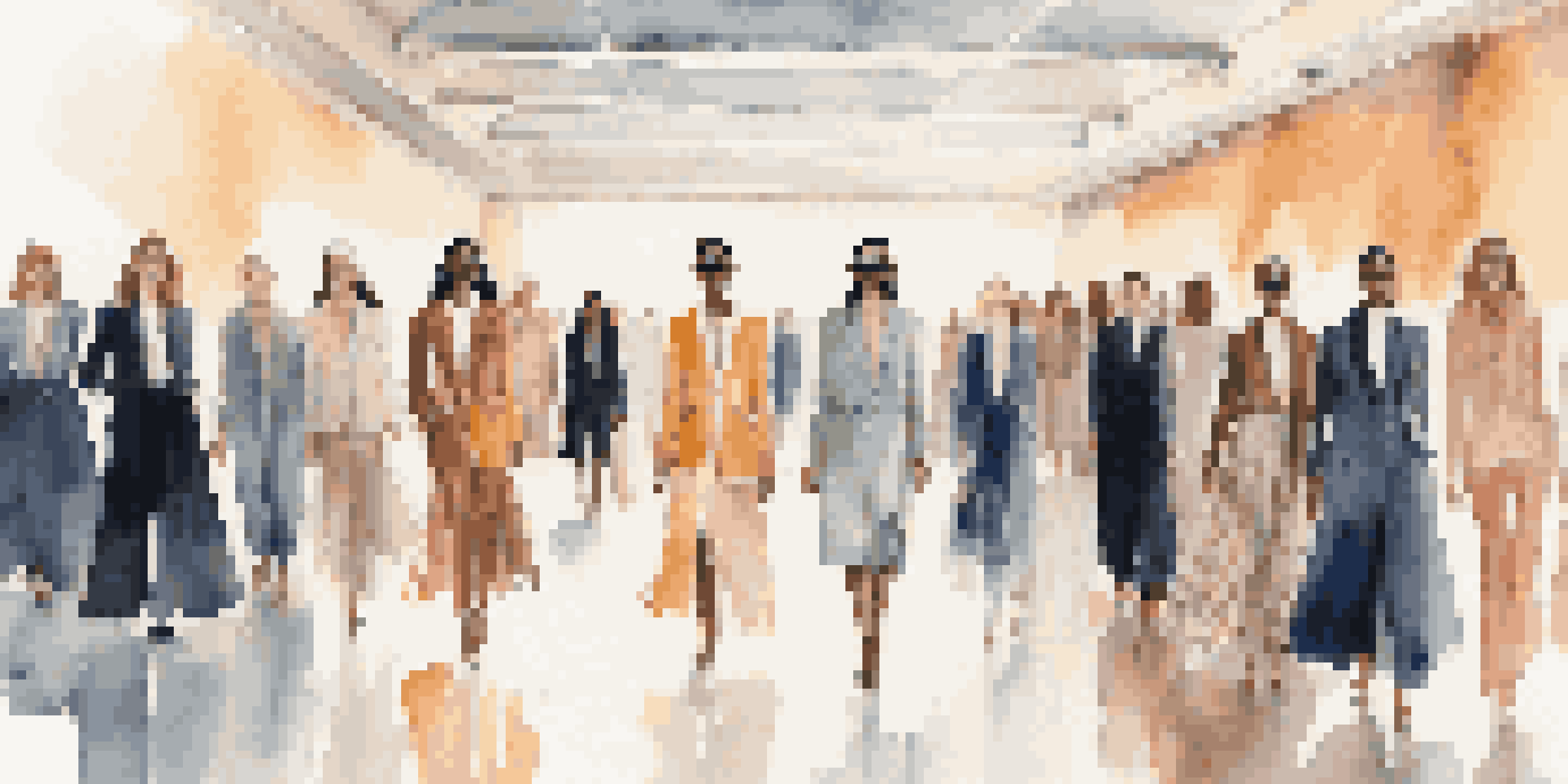 A diverse group of models on a fashion runway showcasing gender-neutral clothing with tailored blazers and flowing skirts, under warm lighting.