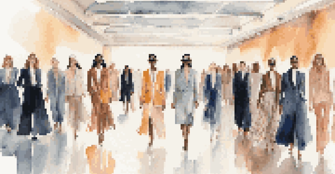 A diverse group of models on a fashion runway showcasing gender-neutral clothing with tailored blazers and flowing skirts, under warm lighting.