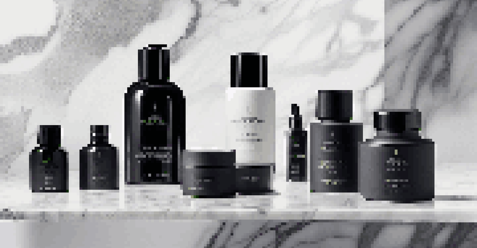 An artistic arrangement of luxury men's skincare product packaging on a marble surface.