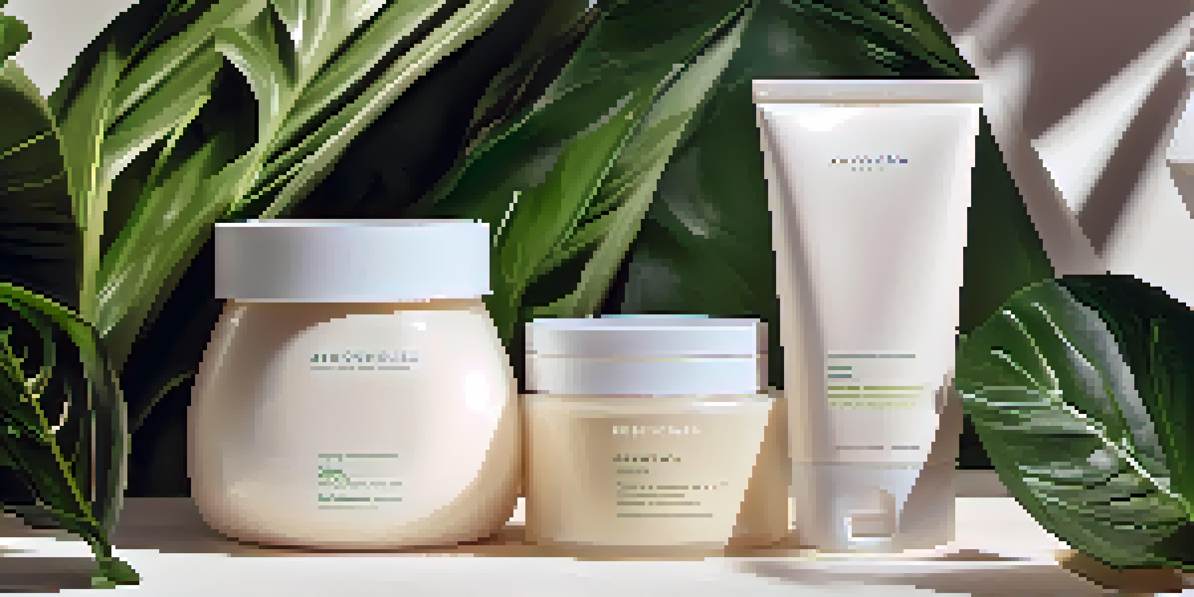 A display of eco-friendly skincare products with biodegradable packaging, surrounded by greenery and illuminated by soft light.