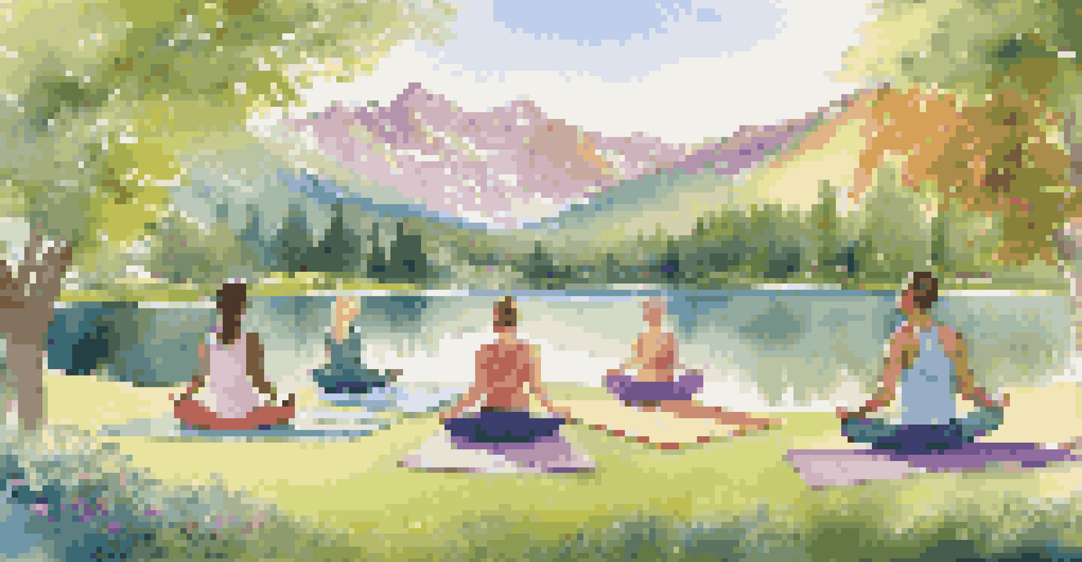 A family practicing yoga outdoors on a green lawn with mountains in the background, basking in the soft morning light.