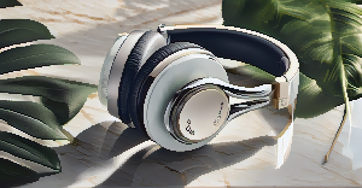 High-end headphones on a marble table, surrounded by greenery, showcasing their premium materials in natural light.
