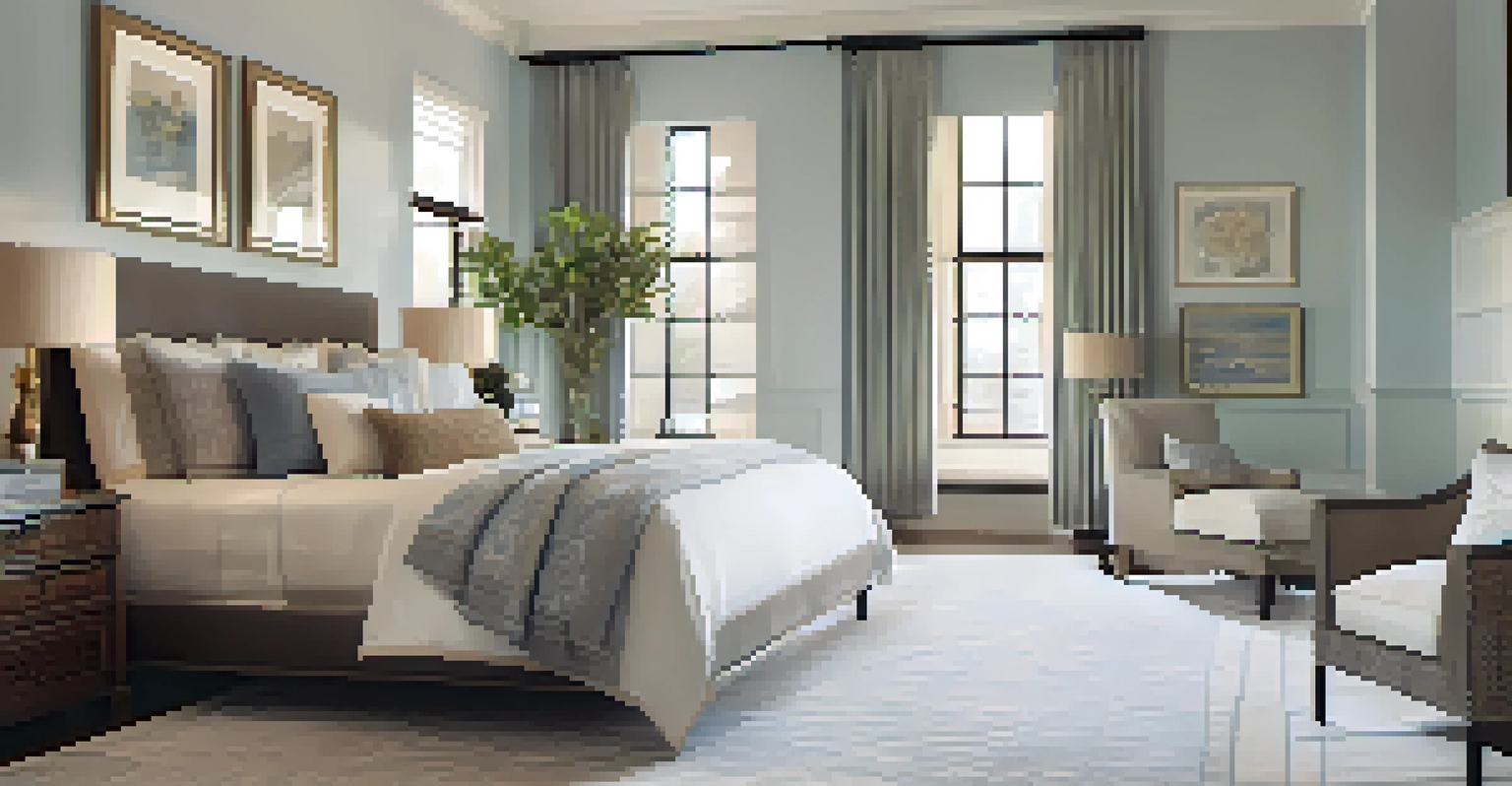 An elegant bedroom with a soft color palette, luxurious linens, and a cozy atmosphere.