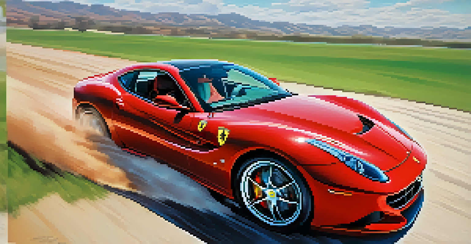 A luxury sports car drifting around a racetrack corner, with dust and motion effects showcasing speed.