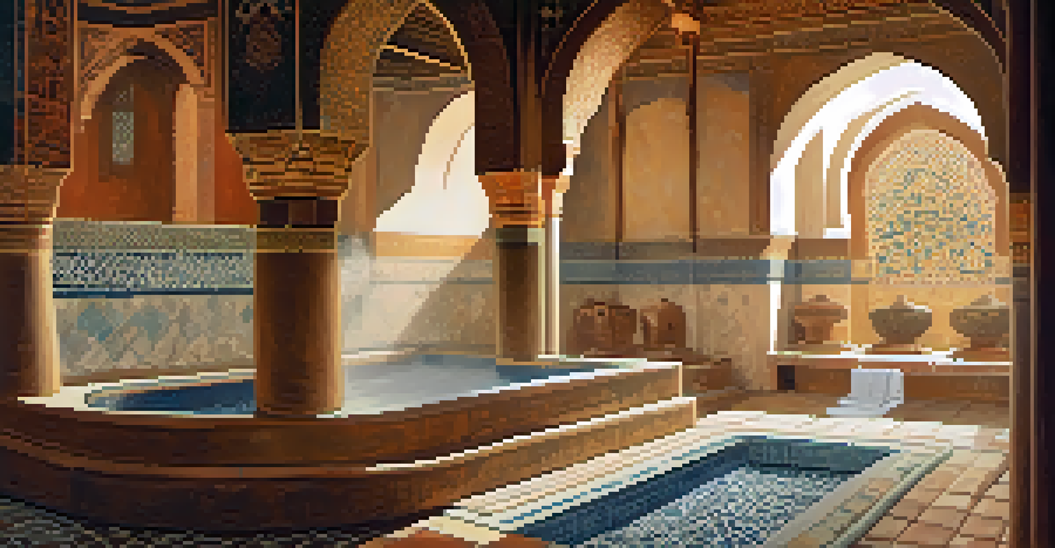 A luxurious hammam with steam and intricate tile designs, guests relaxing on stone benches with herbal tea and receiving scrubs.