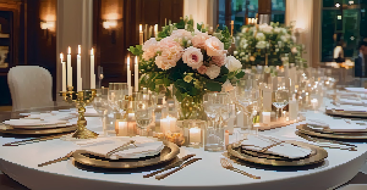 A stylishly set table at a luxury retreat with elegant stationery, flowers, and attendees in the background.