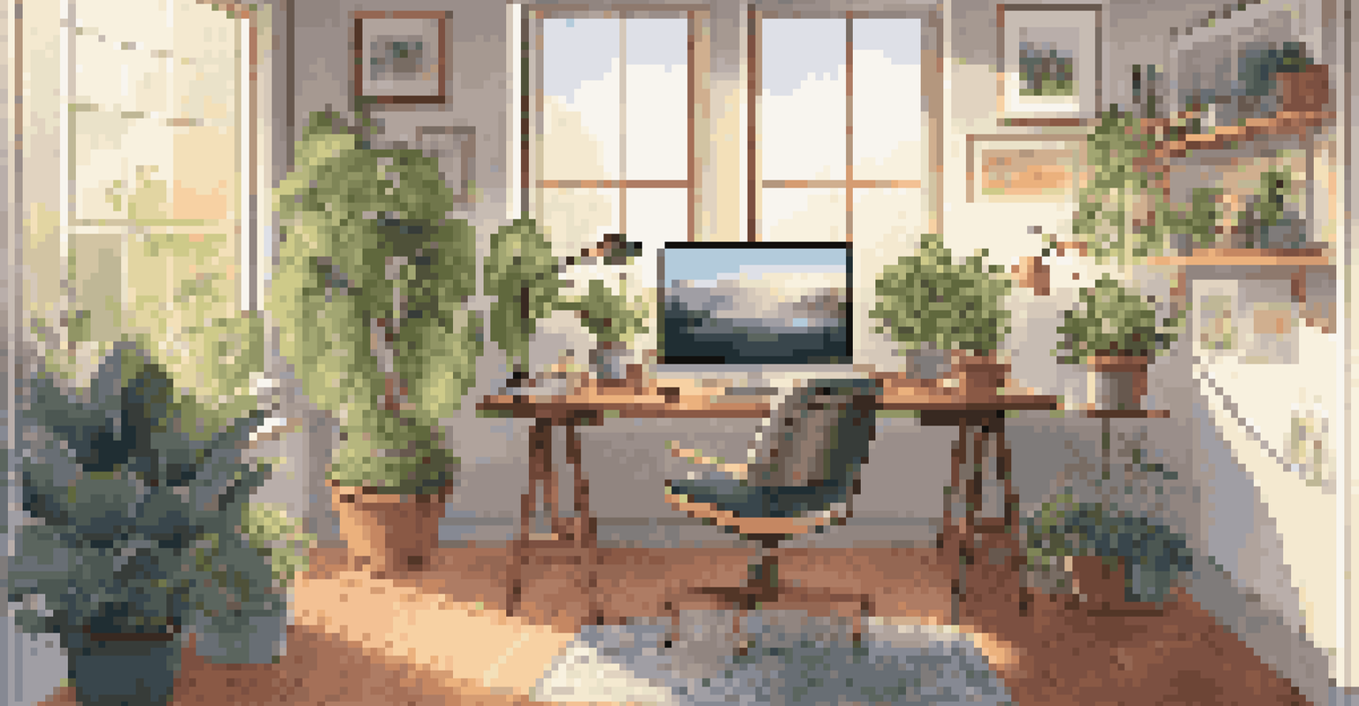 A sleek home office featuring a desk with a computer and monitor, surrounded by plants and art, illuminated by natural light.