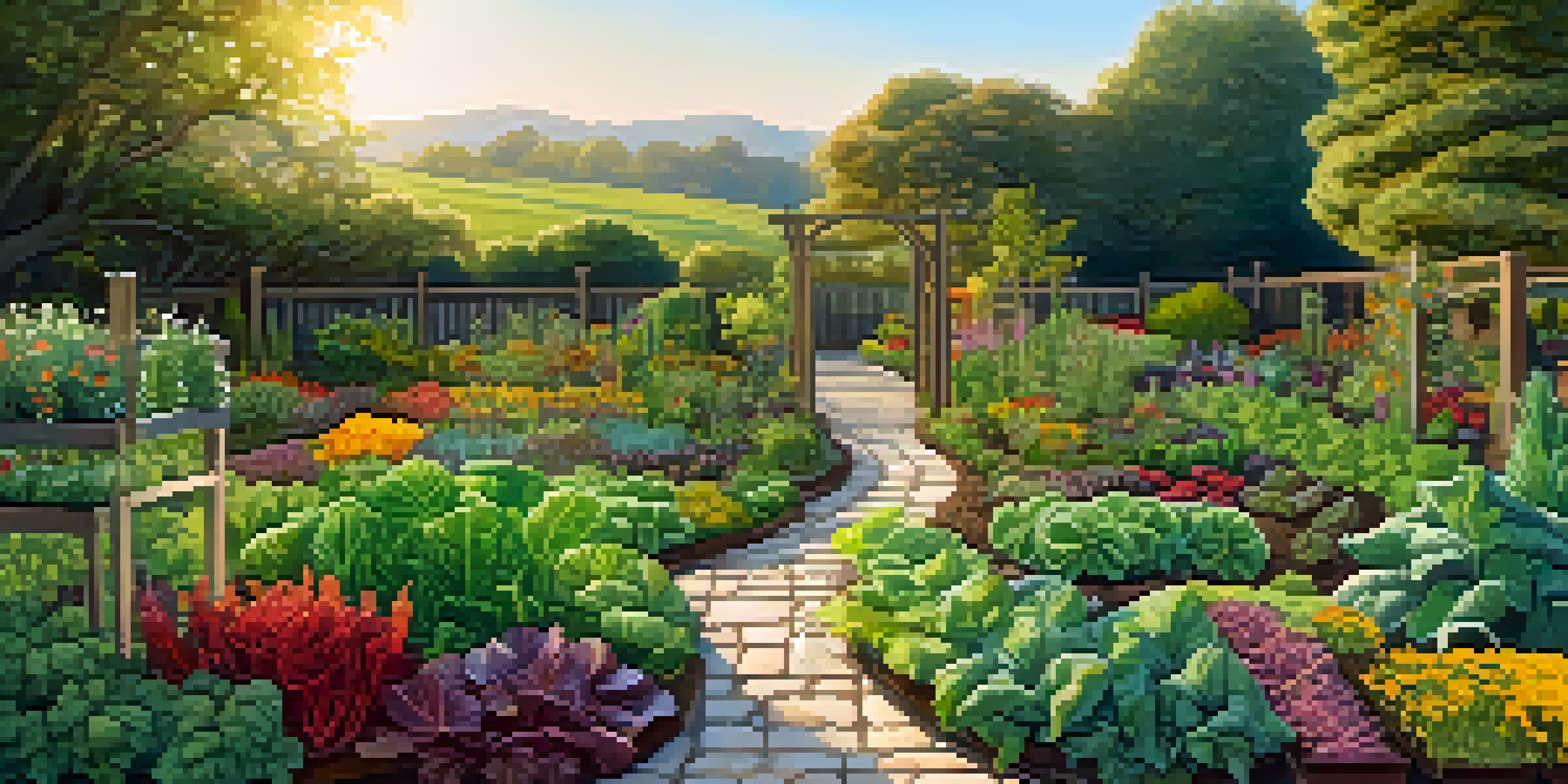 A colorful garden with herbs, vegetables, and edible flowers under warm sunlight, featuring a rustic wooden trellis and stone pathways.