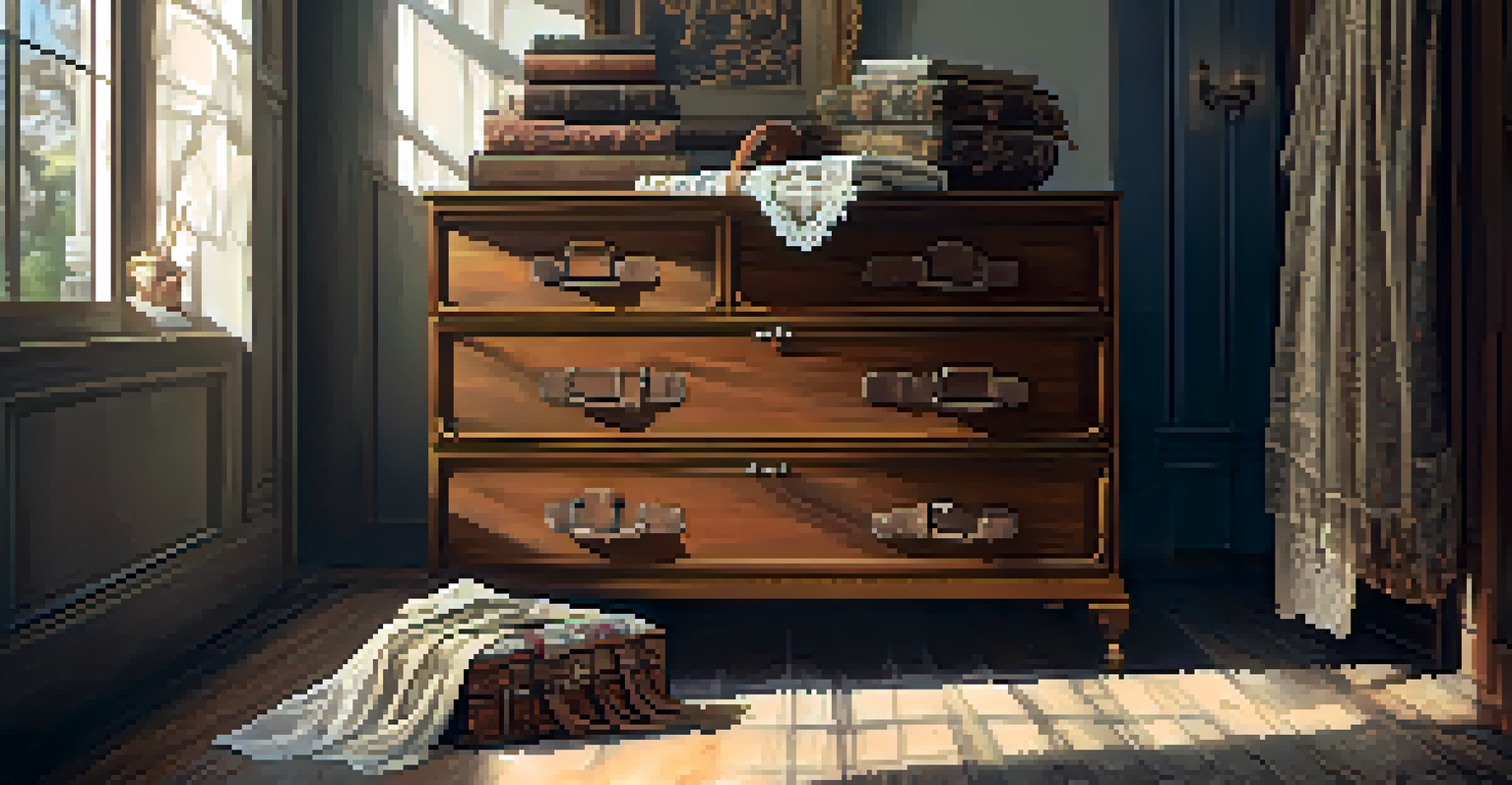 A vintage wooden chest open to reveal lace dresses and silk scarves, set in a warmly lit room with antique decor.