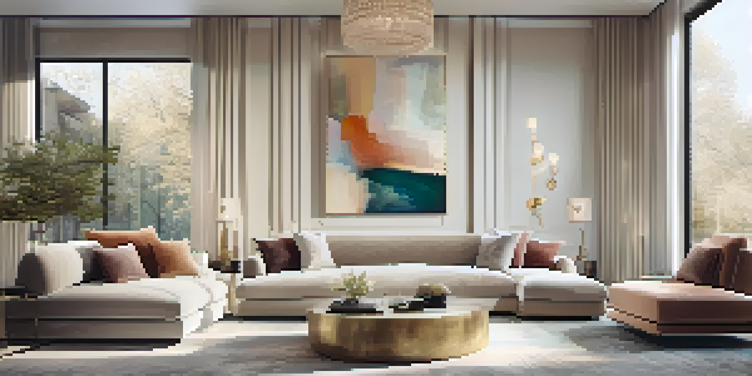 A luxurious living room with a vibrant abstract painting and elegant furniture, illuminated by natural light.