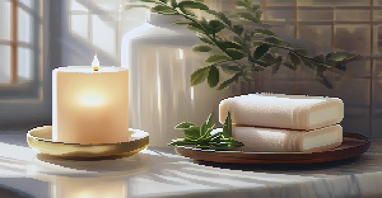 A serene bathroom scene with a luxurious soap bar next to a potted plant and a lit candle, softly blurred background with warm lighting.