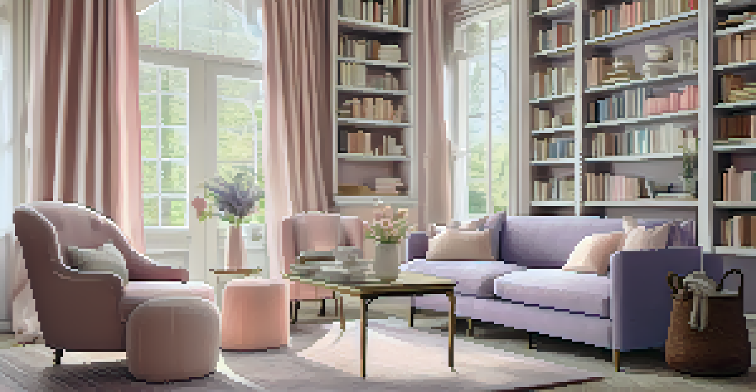A cozy library with pastel colors, comfortable sofa, and playful decor.