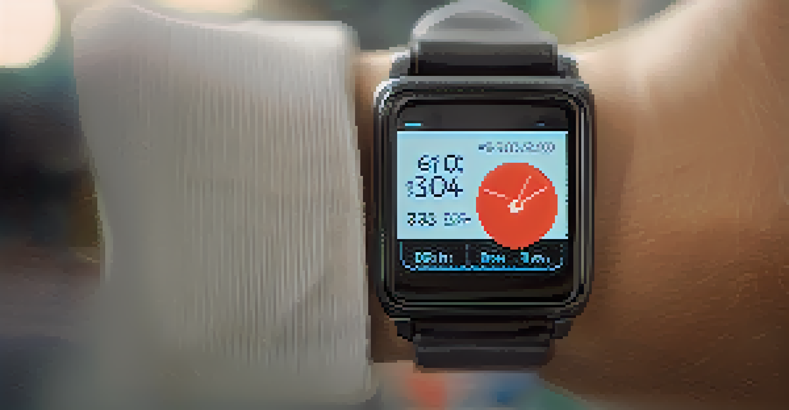 A smartwatch showing health metrics, placed against a blurred gym background.