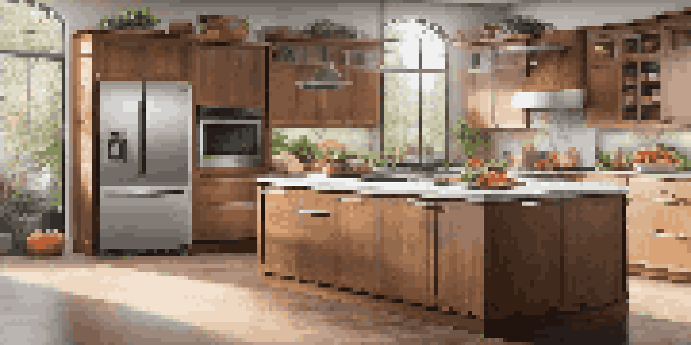 A contemporary kitchen with a stylish smart refrigerator, showcasing fresh ingredients and a bright, inviting atmosphere.