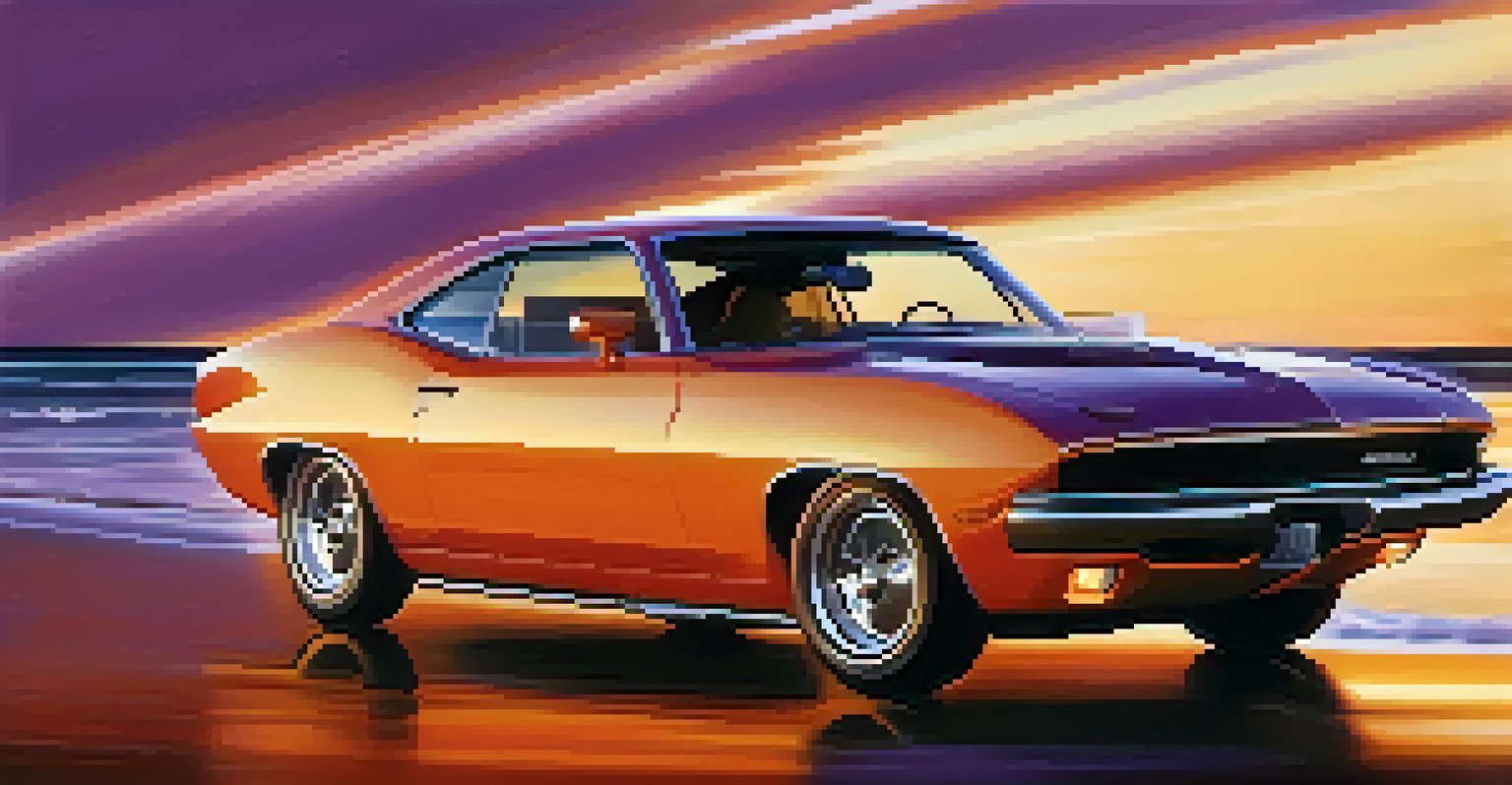 A luxury performance car speeding along a coastal highway at sunset with vibrant sky colors.