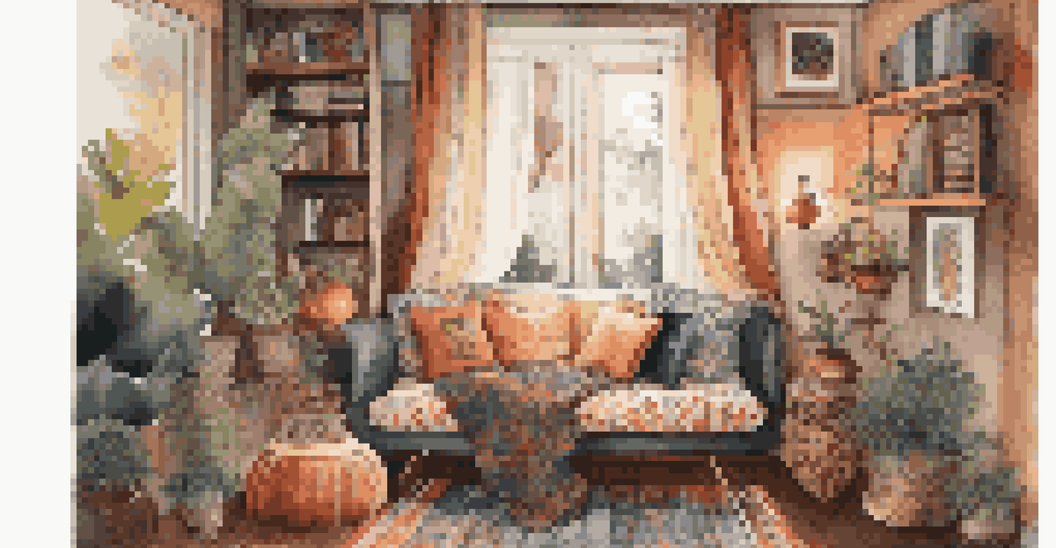 A cozy reading nook featuring a mix of cushions and vintage decor, illuminated by warm lighting.