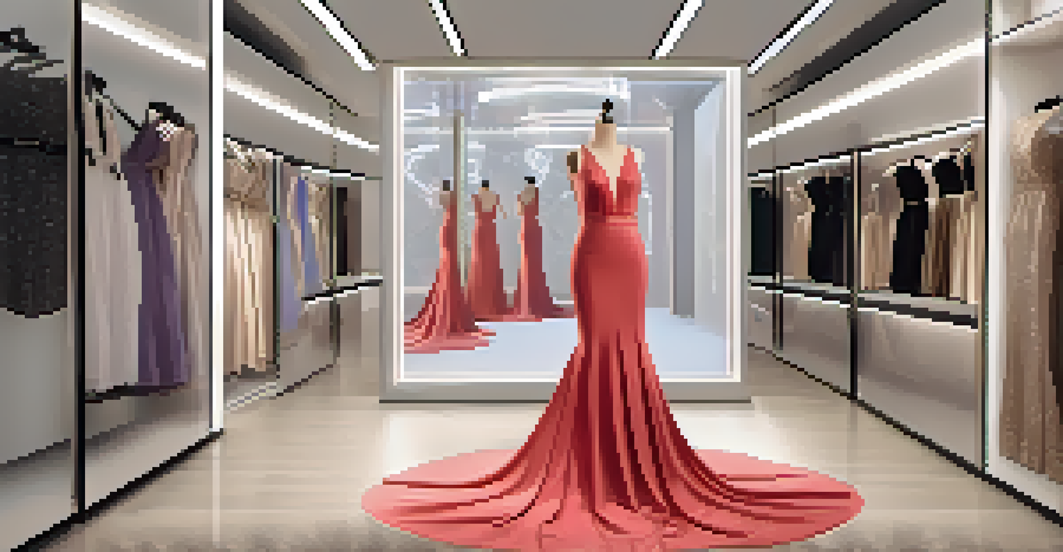 A model in a virtual fitting room trying on a gown with augmented reality technology in a stylish boutique.