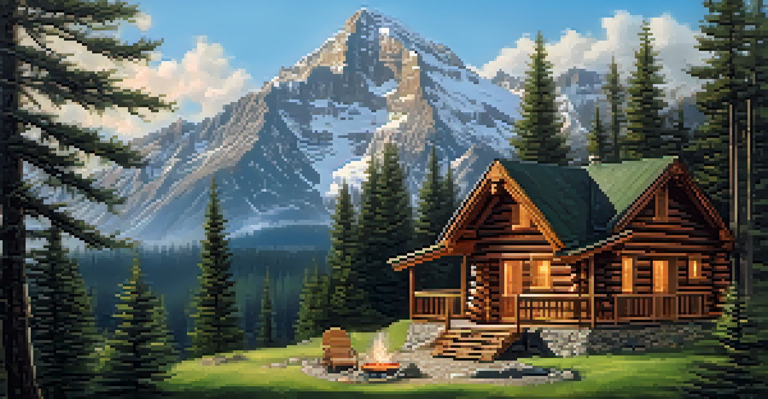 A cozy wooden cabin in the mountains, surrounded by trees and featuring a fire pit with chairs.