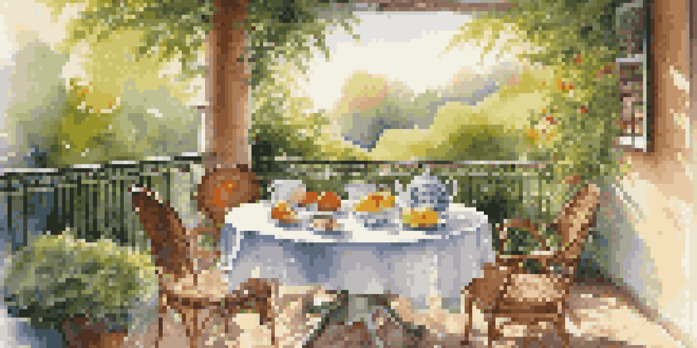 A peaceful breakfast table on a sunny terrace, surrounded by greenery, with fine china and fresh fruit.