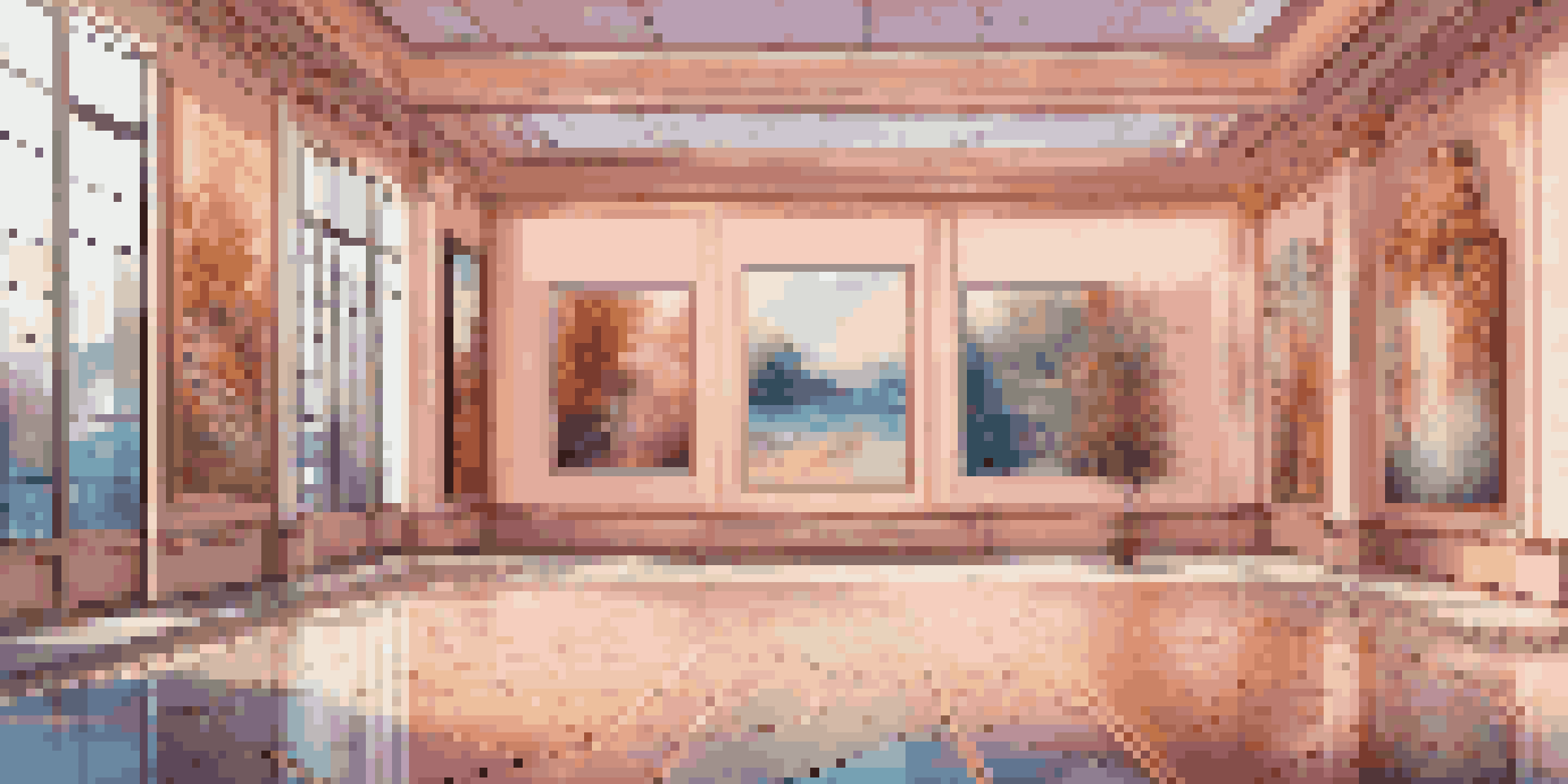 A virtual gallery filled with colorful digital art pieces, illuminated by soft lighting and featuring modern architecture.