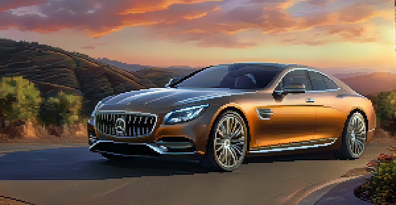 A luxury car parked in a scenic outdoor location, showcasing its personalized interior settings against a backdrop of a beautiful sunset.
