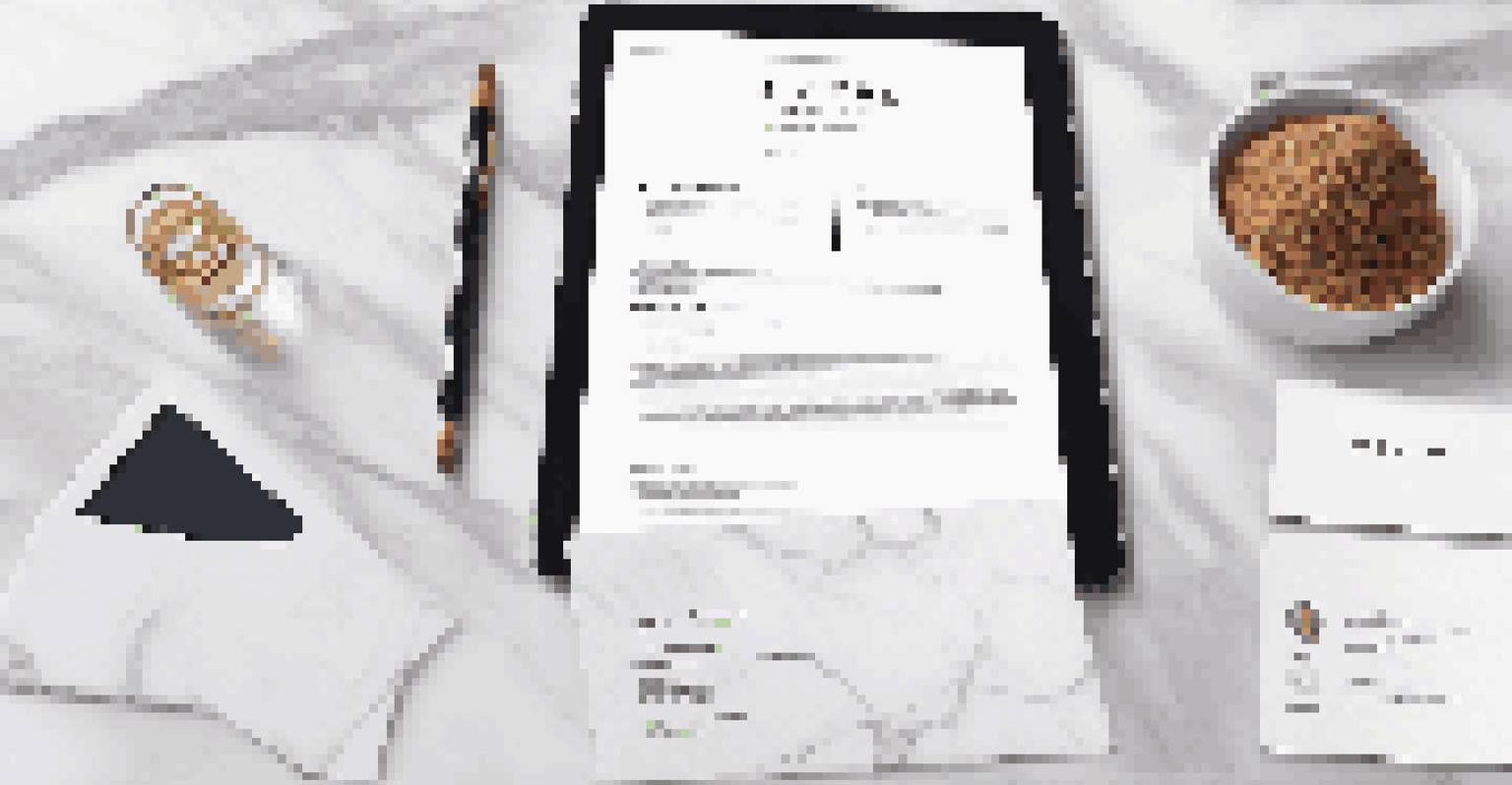 A personal branding portfolio with a resume, business card, and tablet on a marble table, emphasizing elegance.