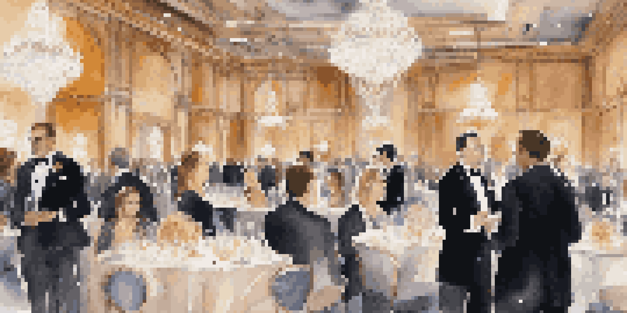 A lavish networking event in a grand ballroom with attendees in elegant attire discussing and exchanging business cards amidst a sophisticated decor.
