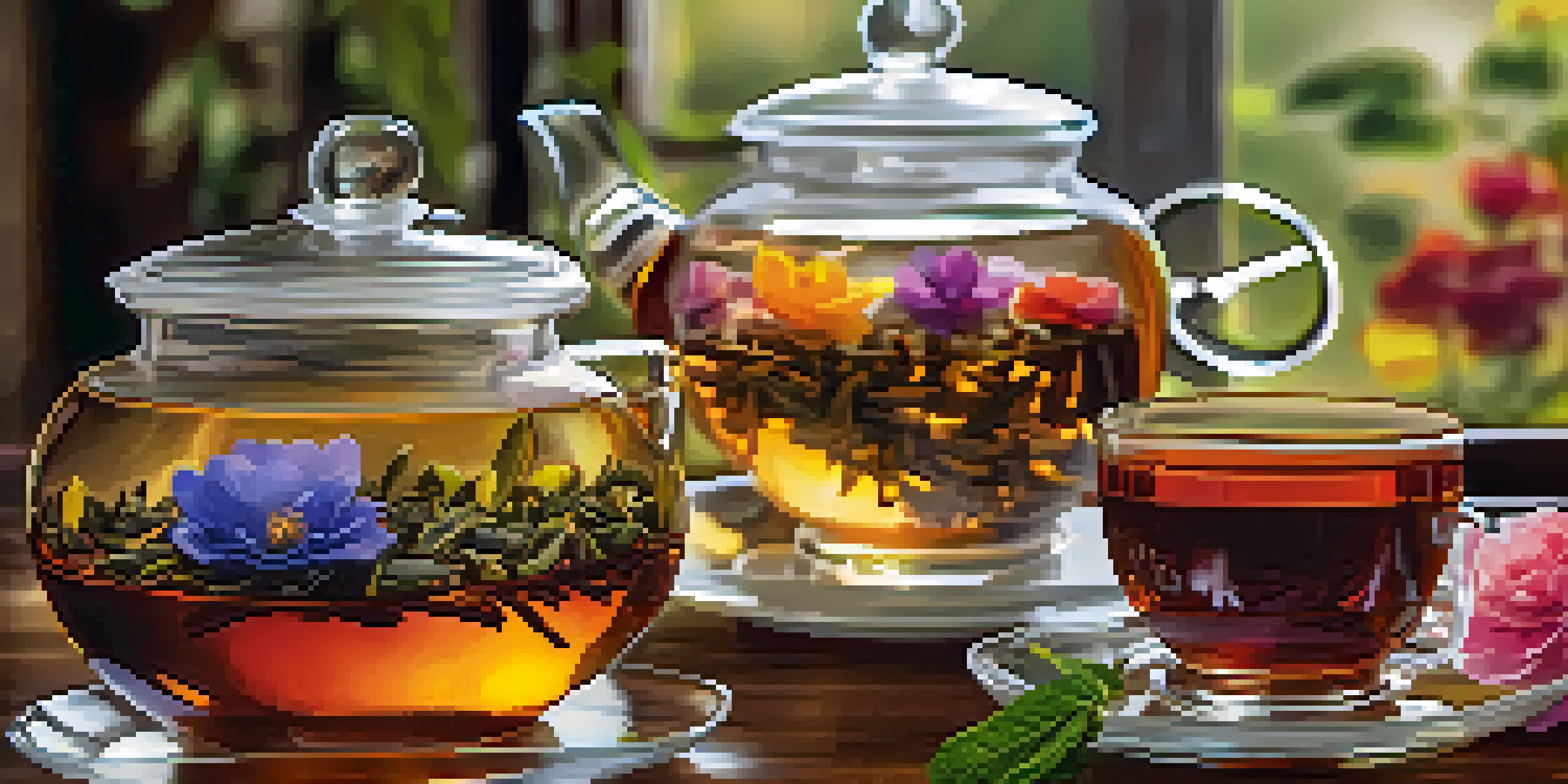 A display of colorful luxury tea leaves in glass jars on a wooden table, accompanied by porcelain teacups and a teapot.