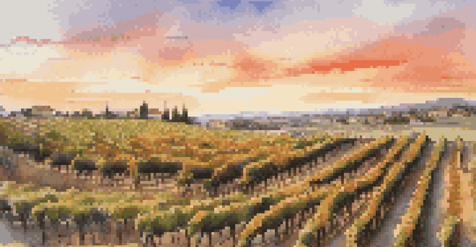 A scenic vineyard at sunset with rows of grapevines and a colorful sky, highlighting the beauty of the grape harvest.