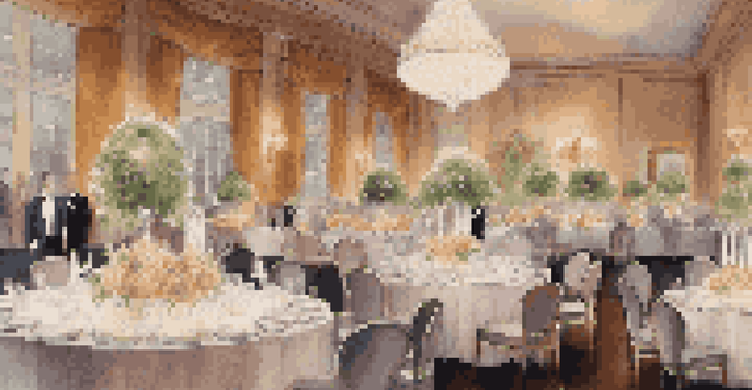 An upscale event with beautifully set tables, floral decorations, and guests in formal wear enjoying the ambiance.