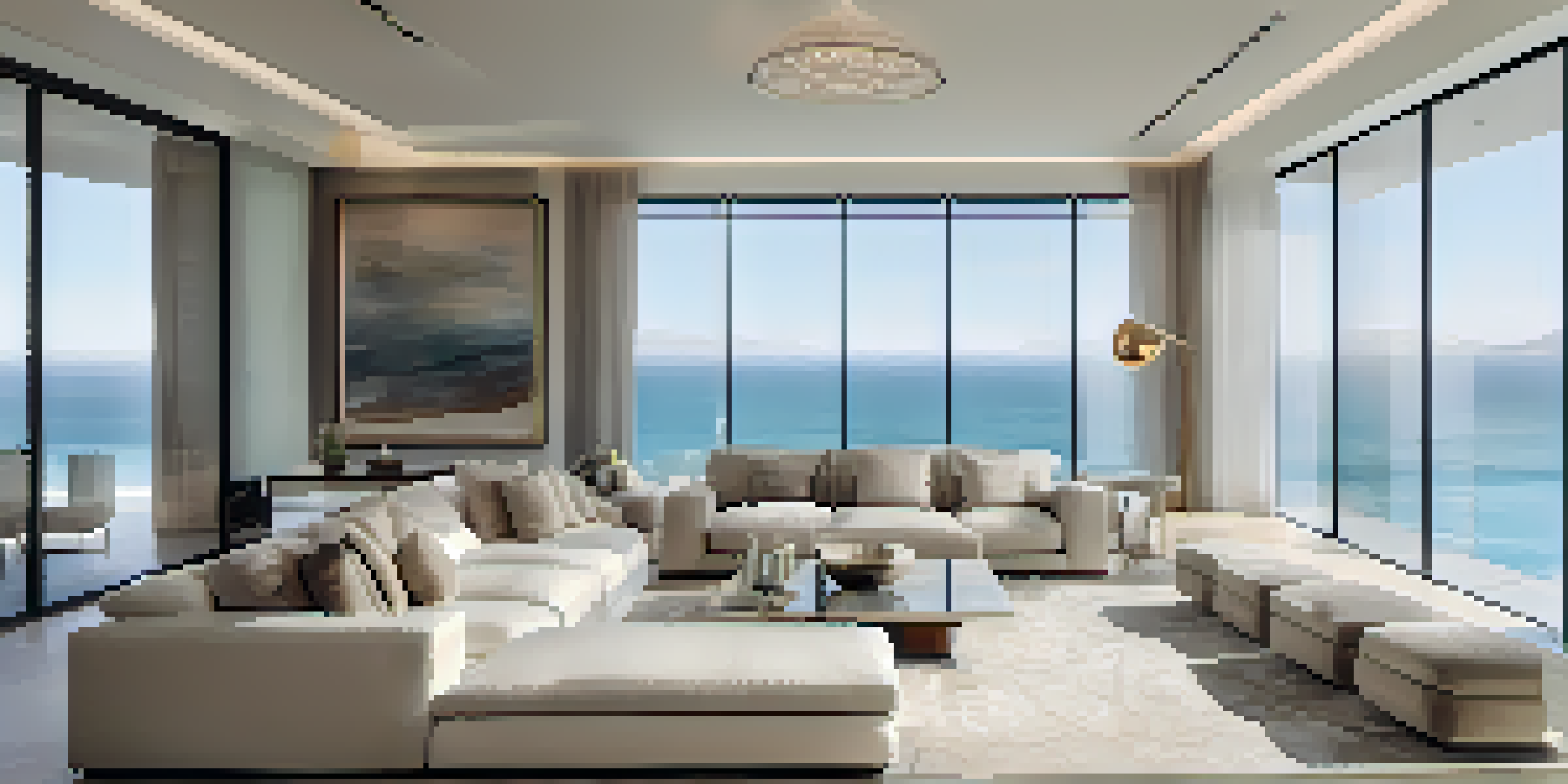 A spacious modern living room with large windows overlooking the ocean, furnished with elegant furniture and decorated with contemporary artwork.