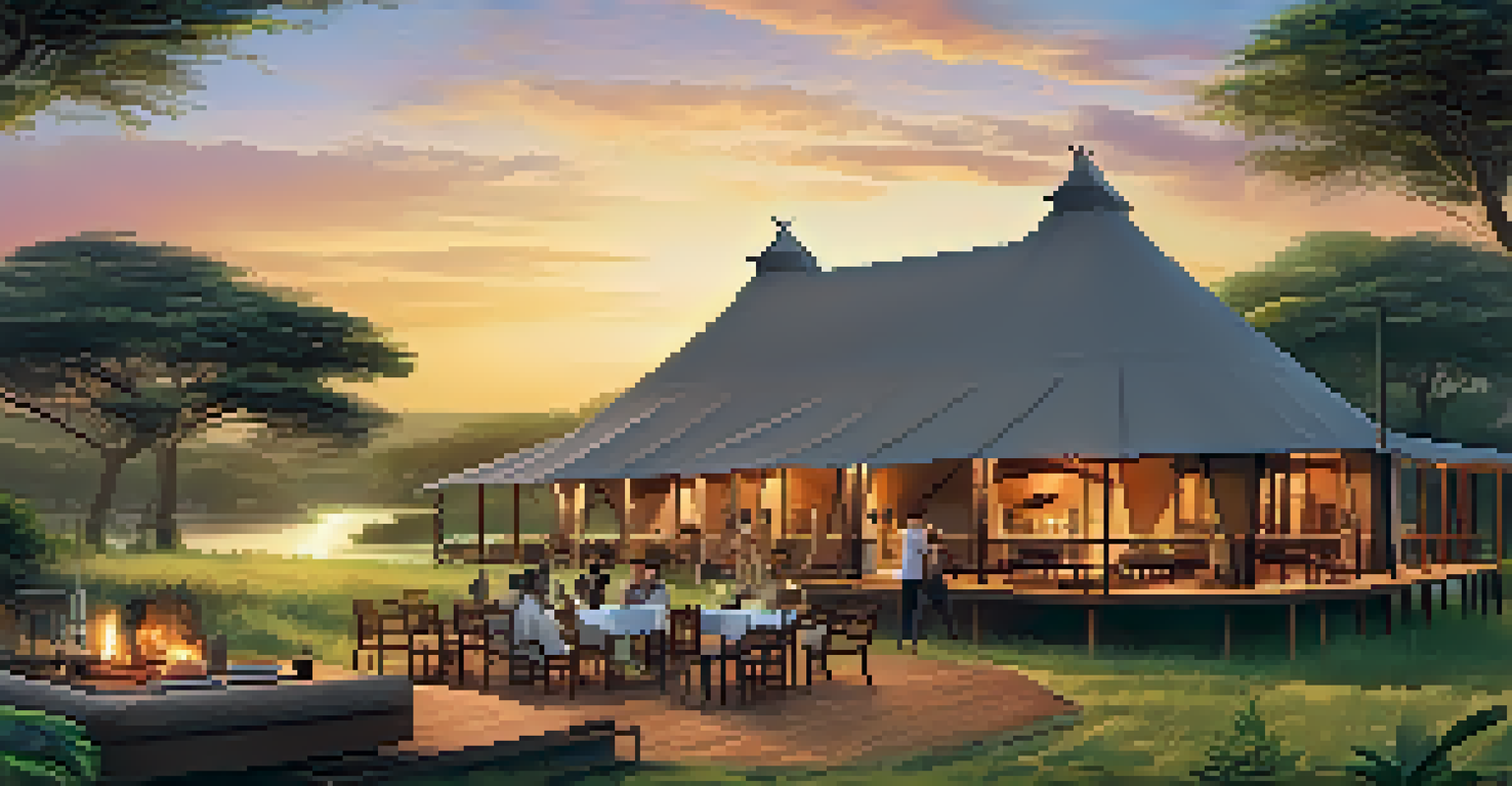 A luxury lodge with spacious tents in a beautiful African landscape, where a family enjoys an outdoor meal during sunset.