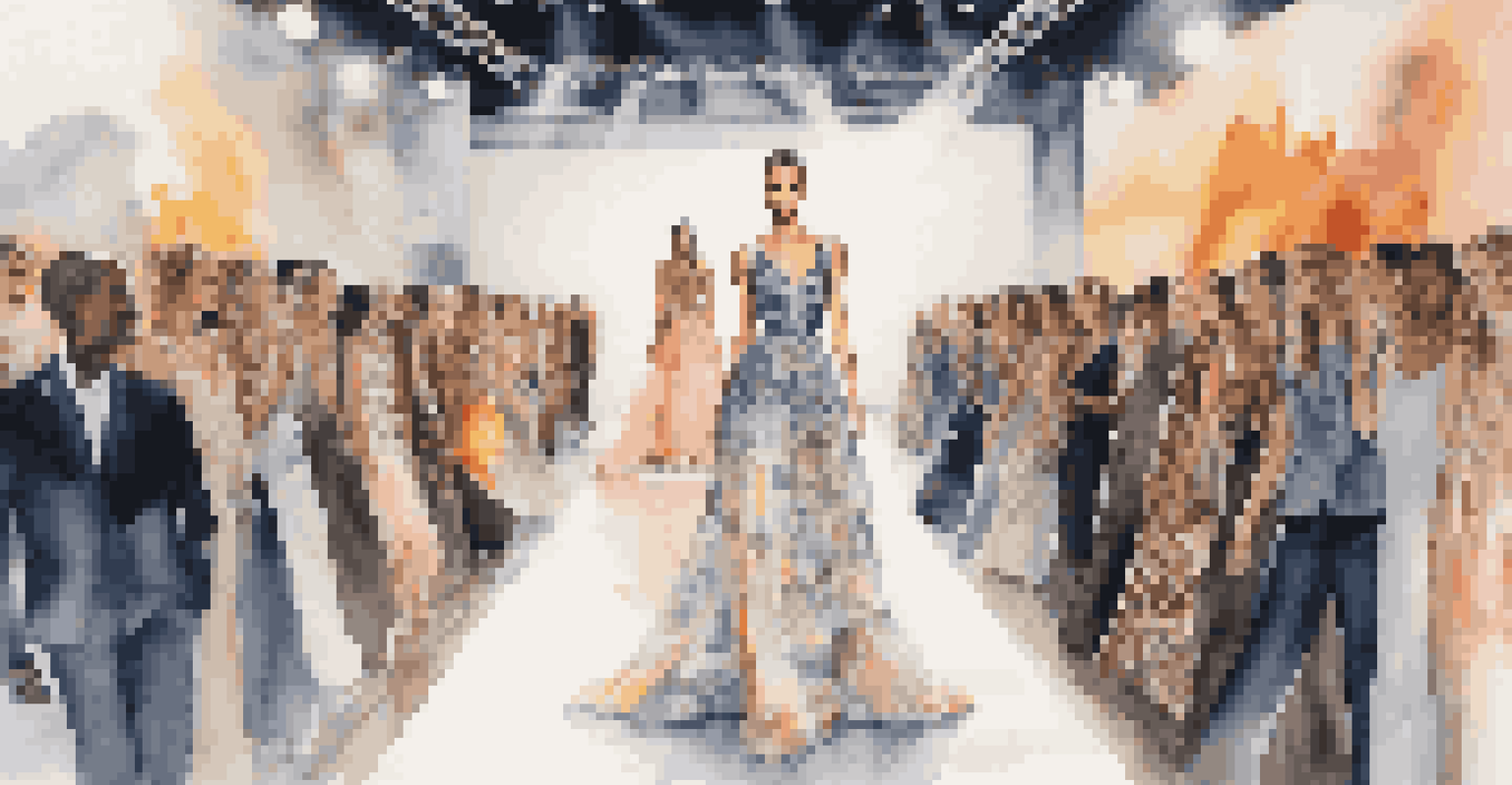 A fashion runway with models in luxury collaborative outfits, illuminated by dramatic lighting with an artistic mural backdrop.