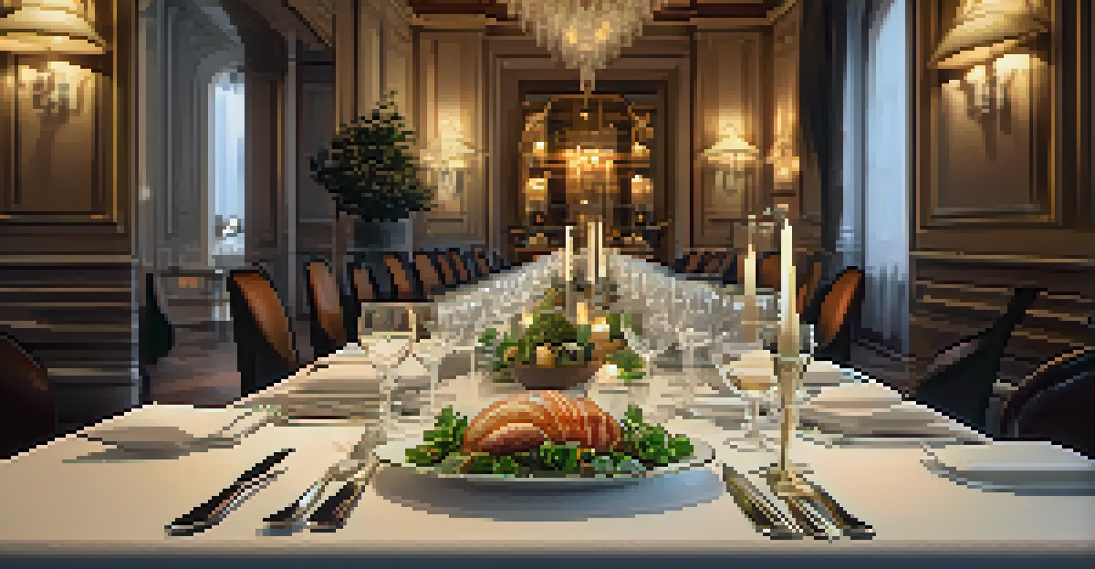 A gourmet meal presented elegantly in a fine dining restaurant with luxurious table settings.
