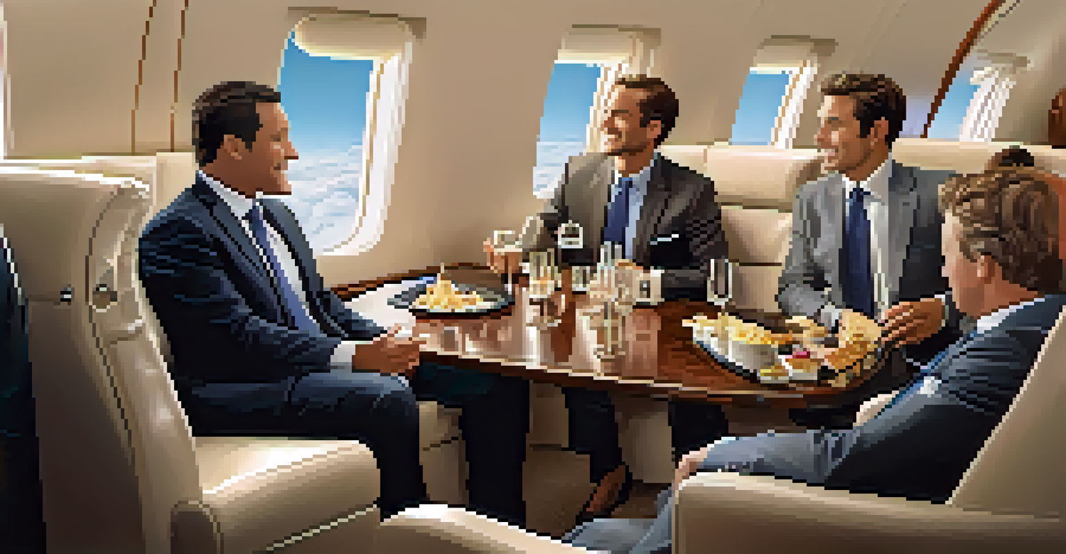 Business professionals networking inside a private jet, discussing while seated at a table with drinks and snacks, with a view of the sky outside.