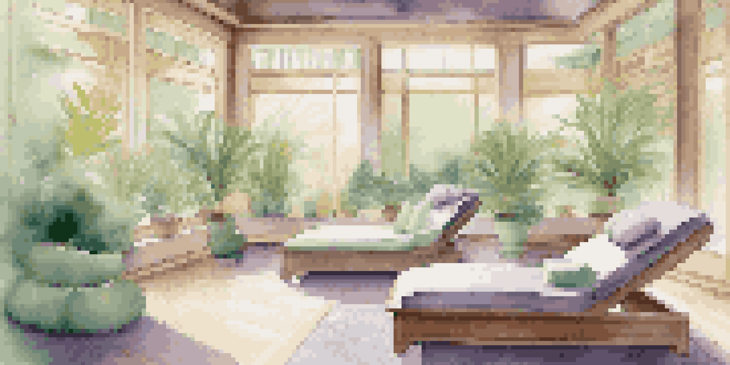 A peaceful luxury spa interior with soft lighting, lounge chairs, and a view of a lush garden.