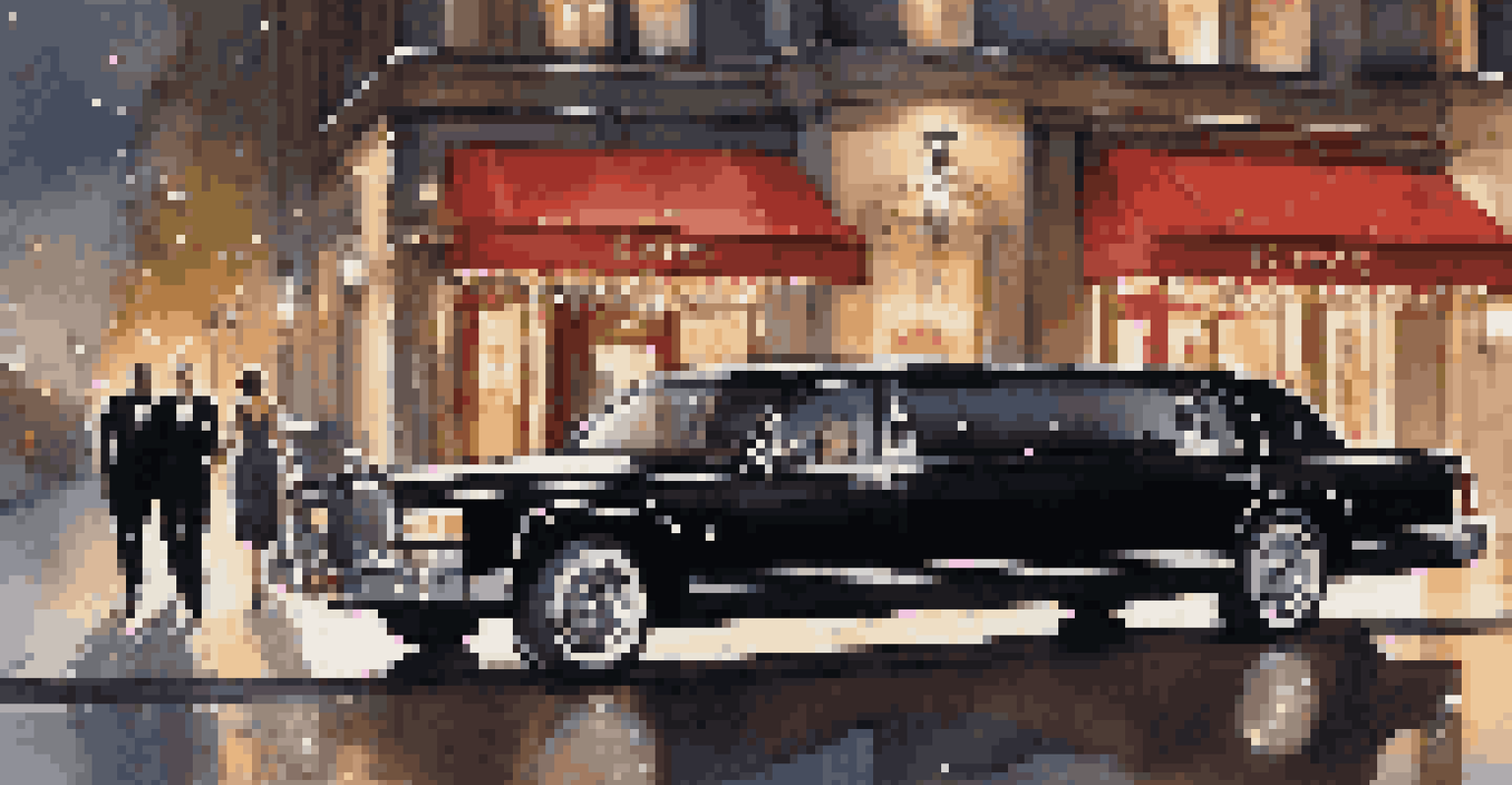 A couple dressed elegantly stepping out of a sleek black limousine in front of a glamorous restaurant.