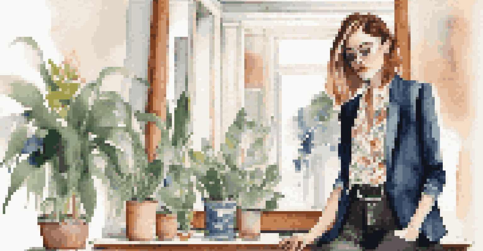 A young woman tries on a vintage-inspired blouse with a modern blazer in a bright room filled with plants and contemporary art.
