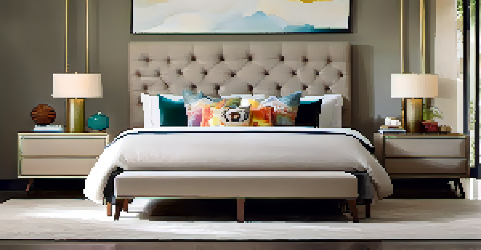A modern bedroom with an upholstered bed frame, neutral bedding, colorful accent pillows, and a stylish bedside table under natural light from large windows.