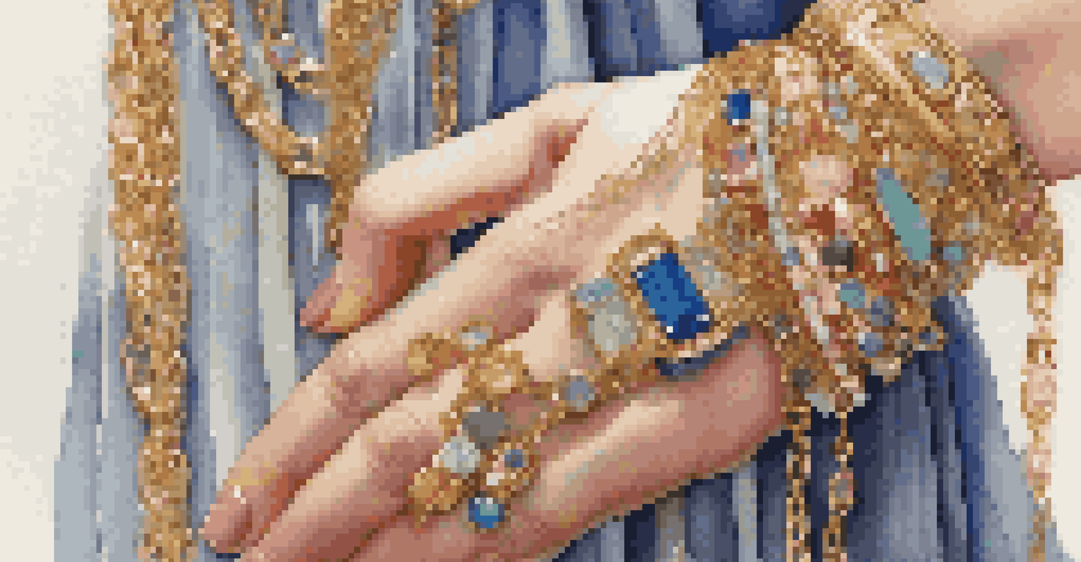 A close-up of a hand with layered jewelry, including gold chains and colorful stones, set against a softly blurred background.