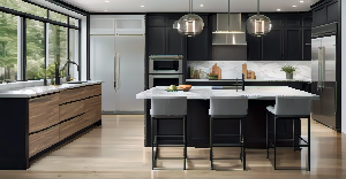 A spacious modern kitchen with a white quartz island, black bar stools, and warm pendant lighting, showcasing a welcoming and elegant atmosphere.
