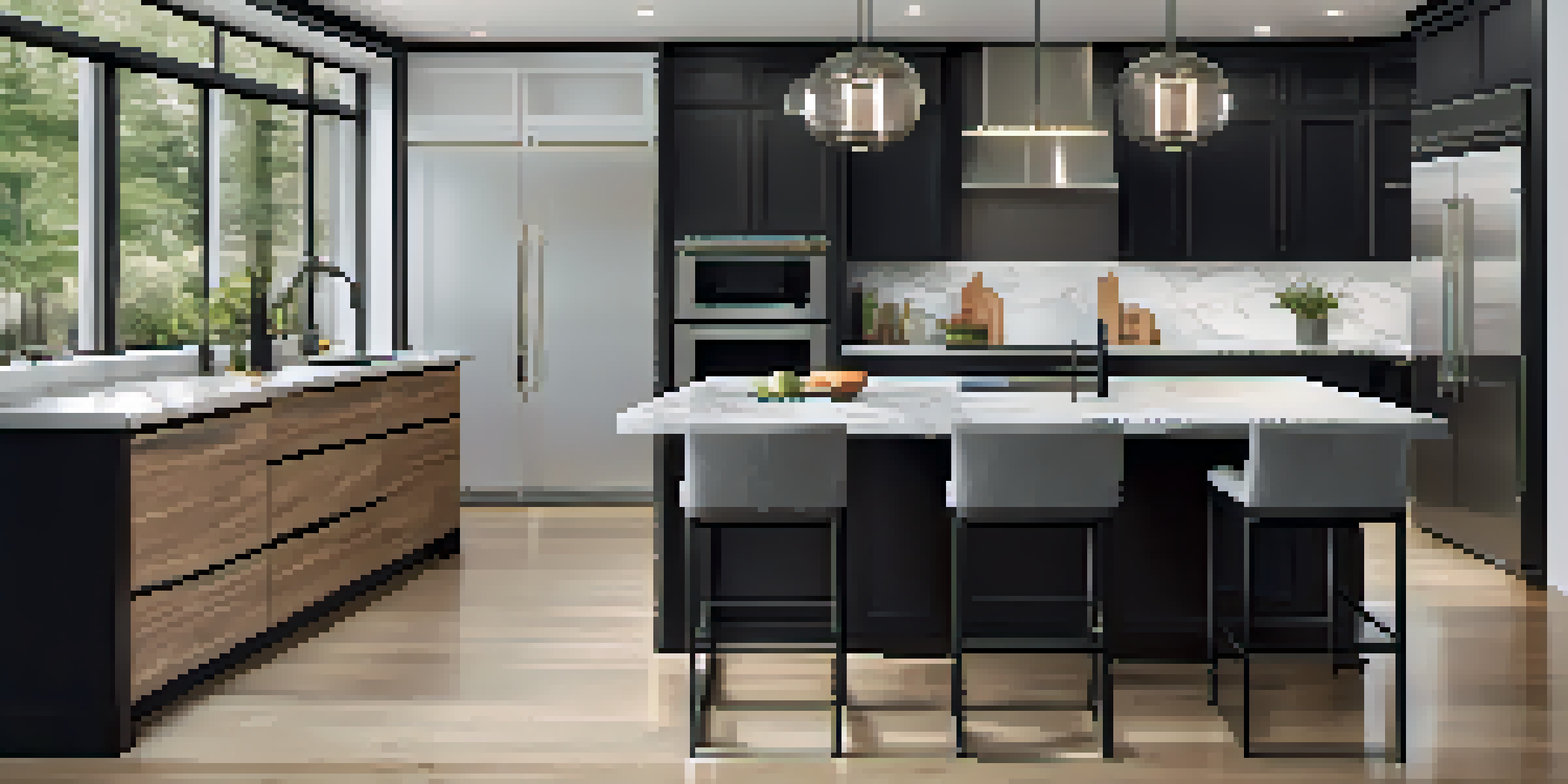 A spacious modern kitchen with a white quartz island, black bar stools, and warm pendant lighting, showcasing a welcoming and elegant atmosphere.