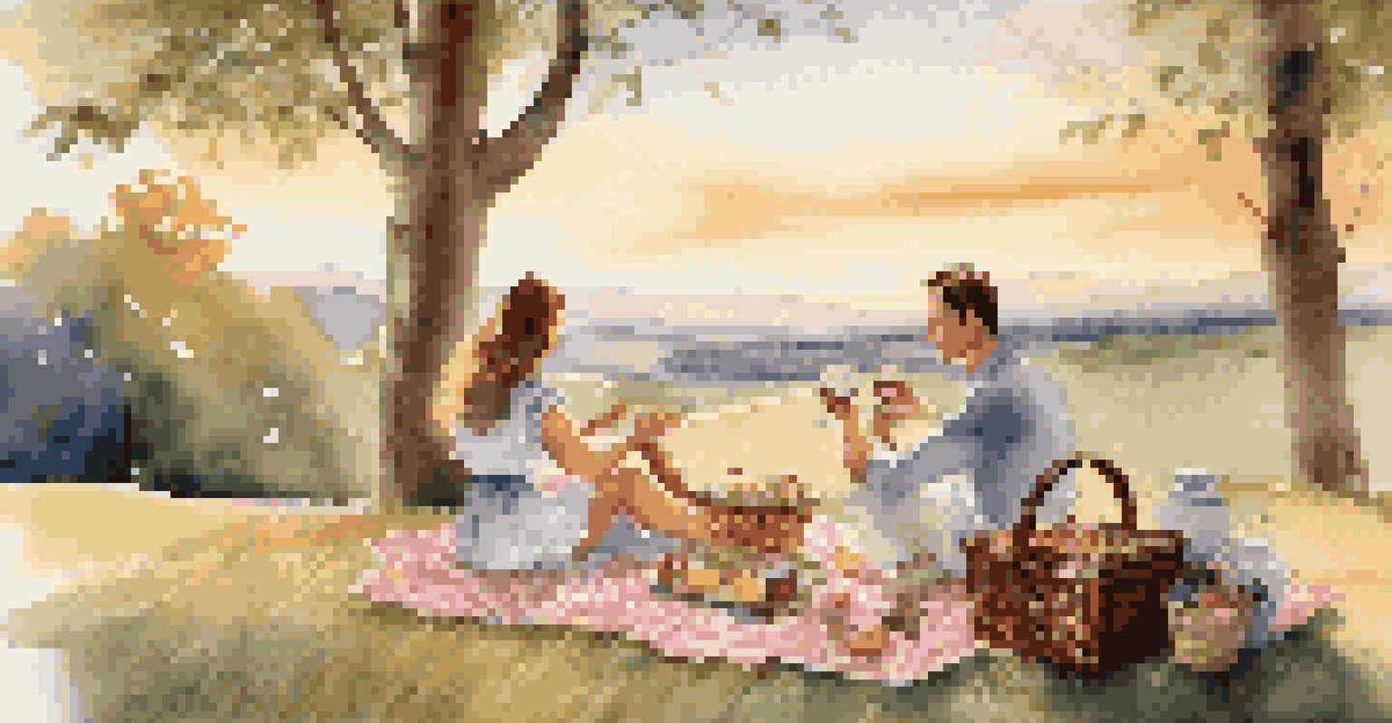 A couple enjoying a gourmet picnic with a luxurious basket and fine china, set against a scenic landscape during golden hour.