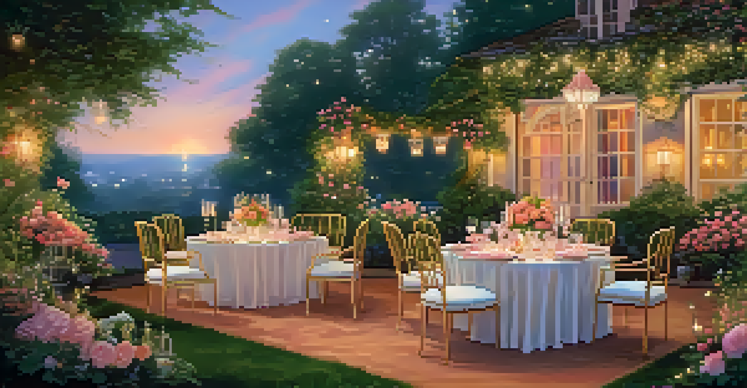 An elegant outdoor dining setup in a lush garden with fine china and fairy lights at sunset.