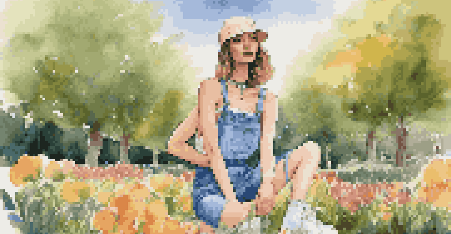 A model in high-waisted denim overalls and a colorful crop top in a sunny park, showcasing the playful fashion of the 90s with vibrant accessories.