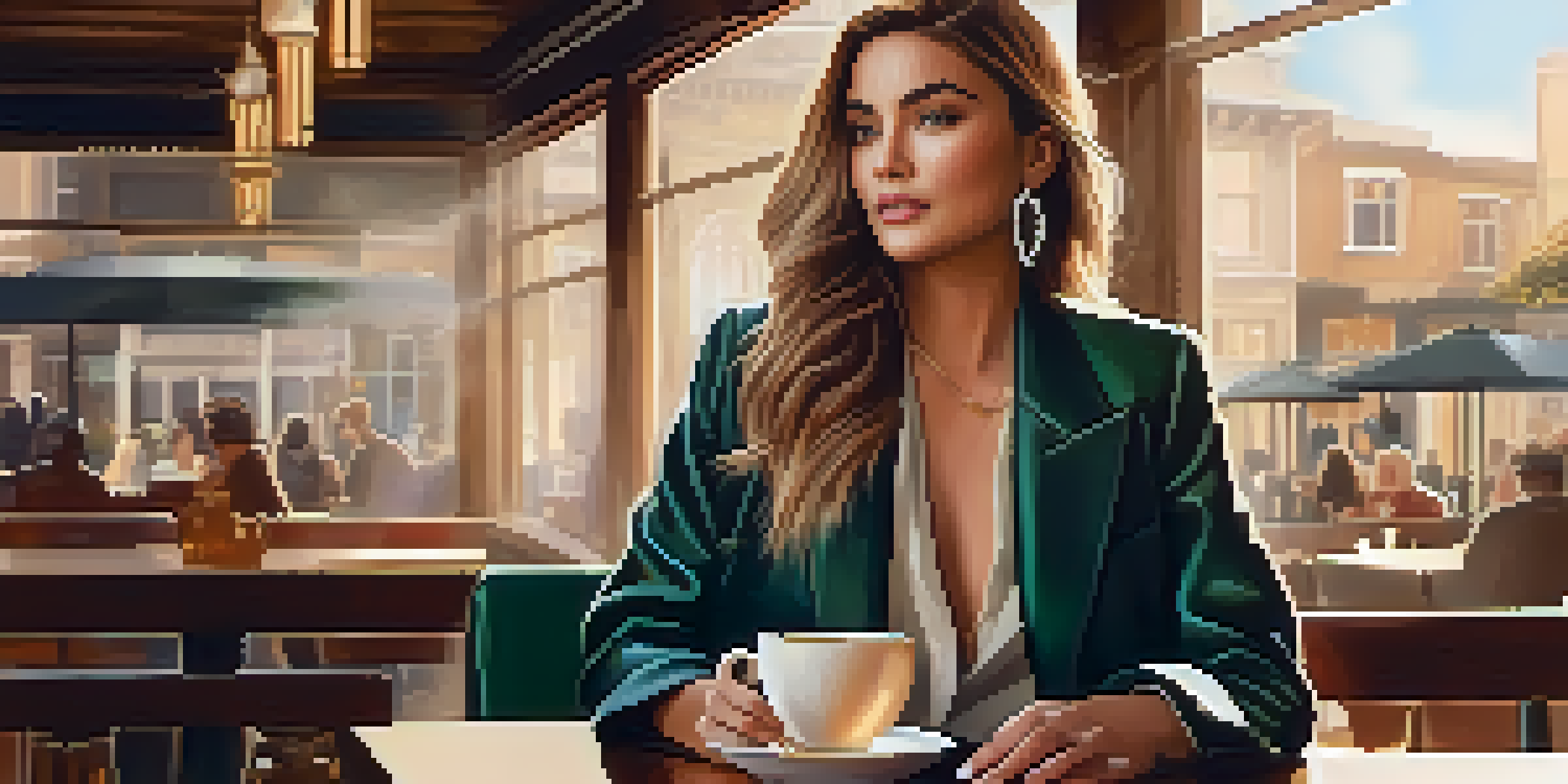 A fashion influencer at a coffee shop with a luxury handbag and a cup of coffee, surrounded by warm lighting and greenery.