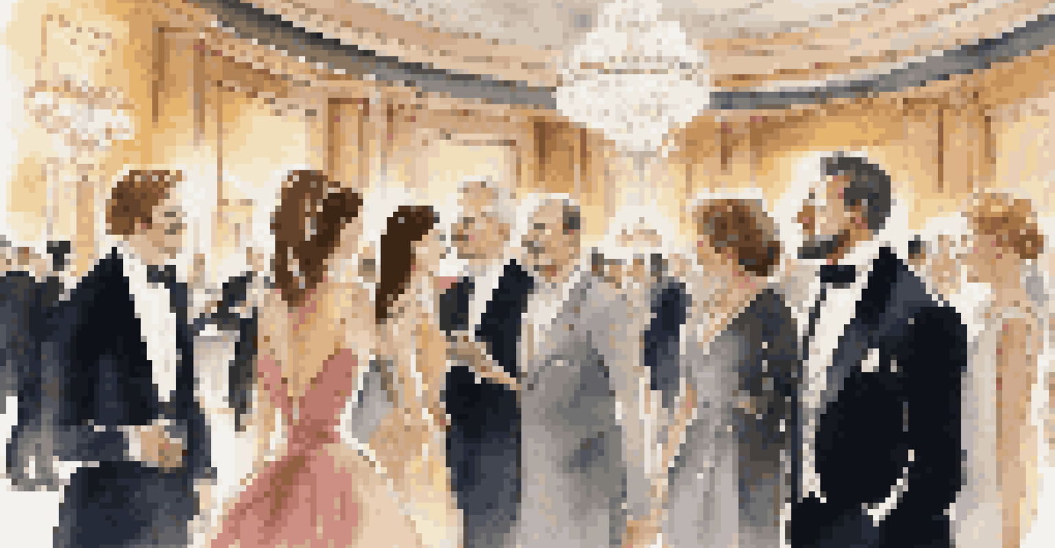 Well-dressed guests engaging in conversation at a luxurious event, set in an elegant venue.